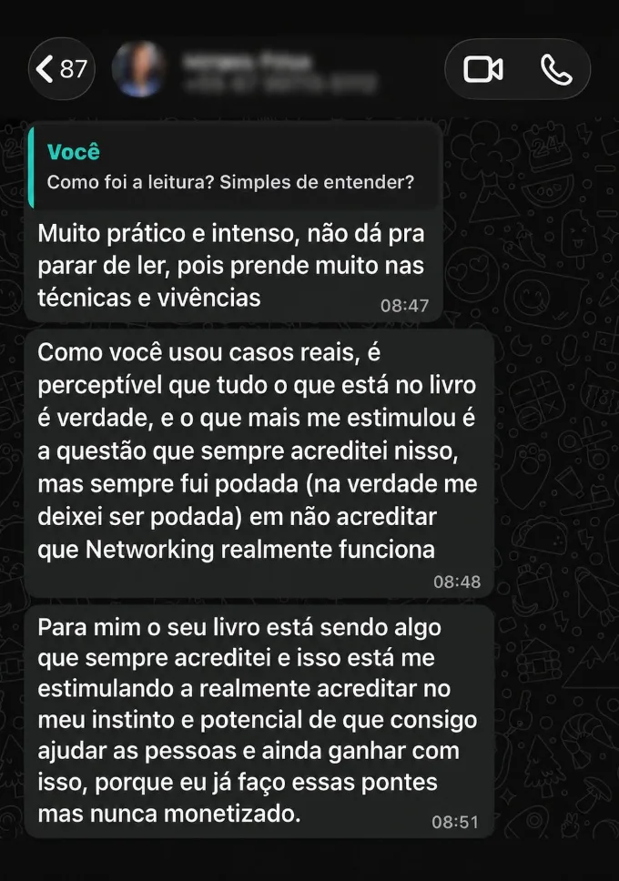 Depoimento de leitora por WhatsApp sobre o livro