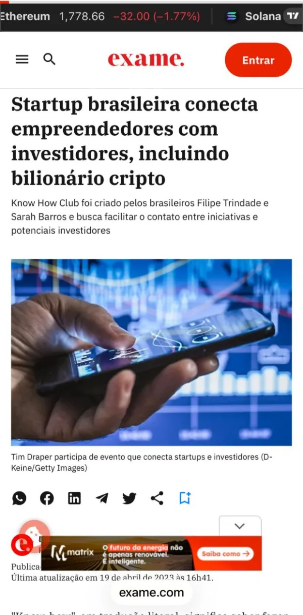 Matéria da Exame sobre startup que conecta empreendedores a investidores