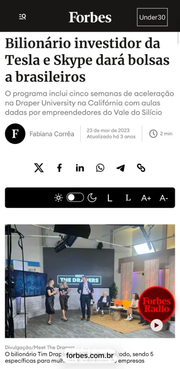 Matéria da Forbes sobre Tim Draper e bolsas a brasileiros
