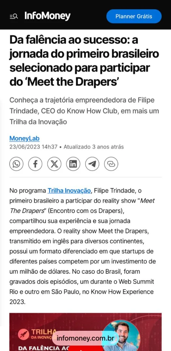 Matéria InfoMoney sobre Filipe Trindade